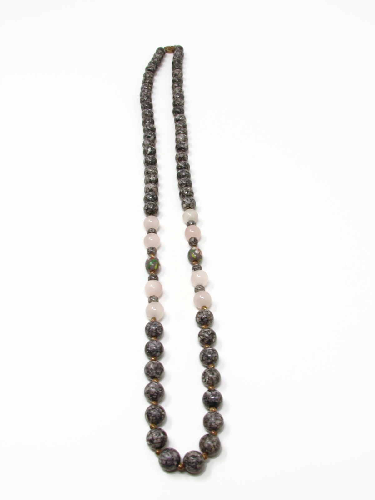 Vintage Chinese Export Rose Quartz Agate Cloisonee Bead Necklace Silver Clasp