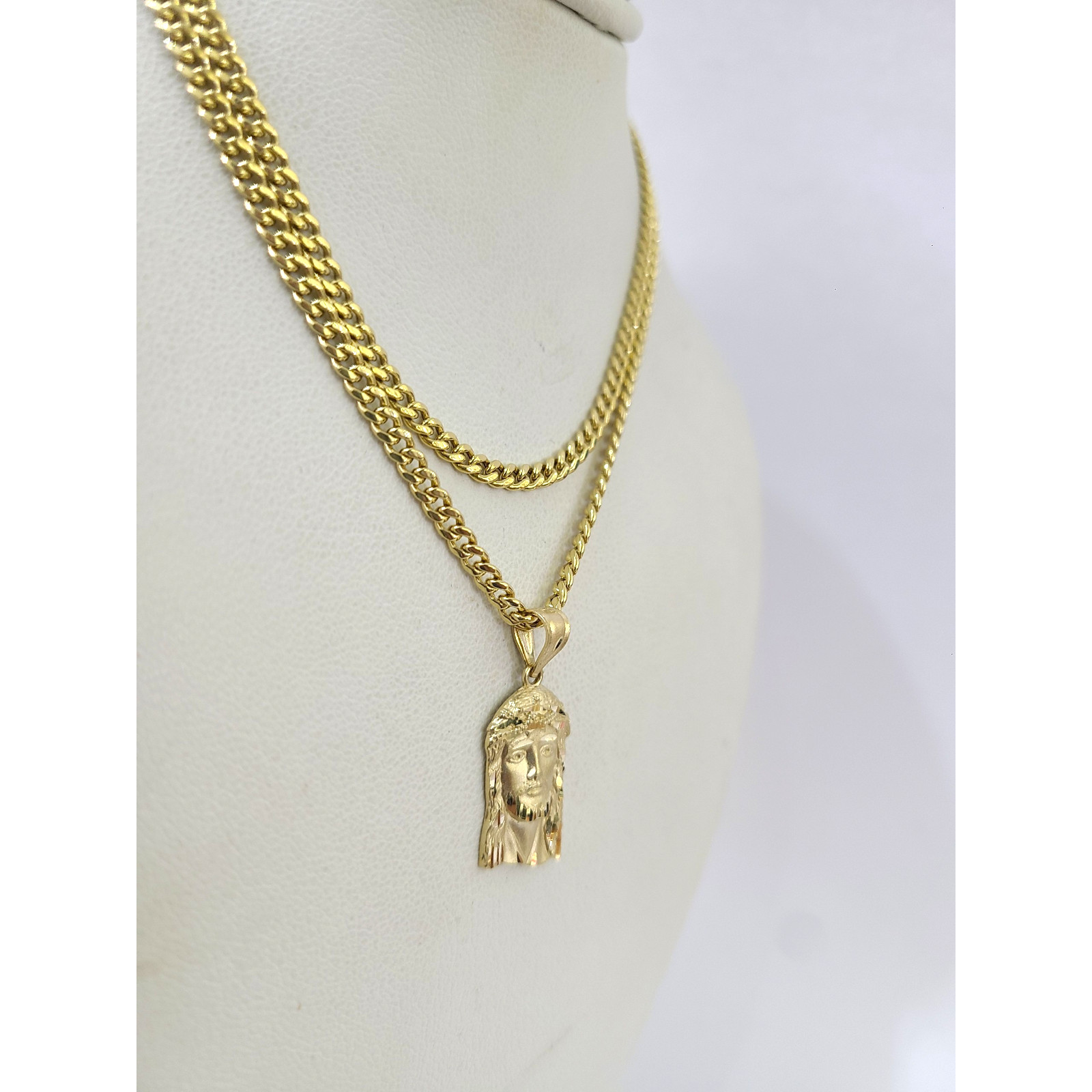 Real 14K Gold Miami Cuban Link Chain Jesus Head Charm Pendant Set 3mm 18″–28″
