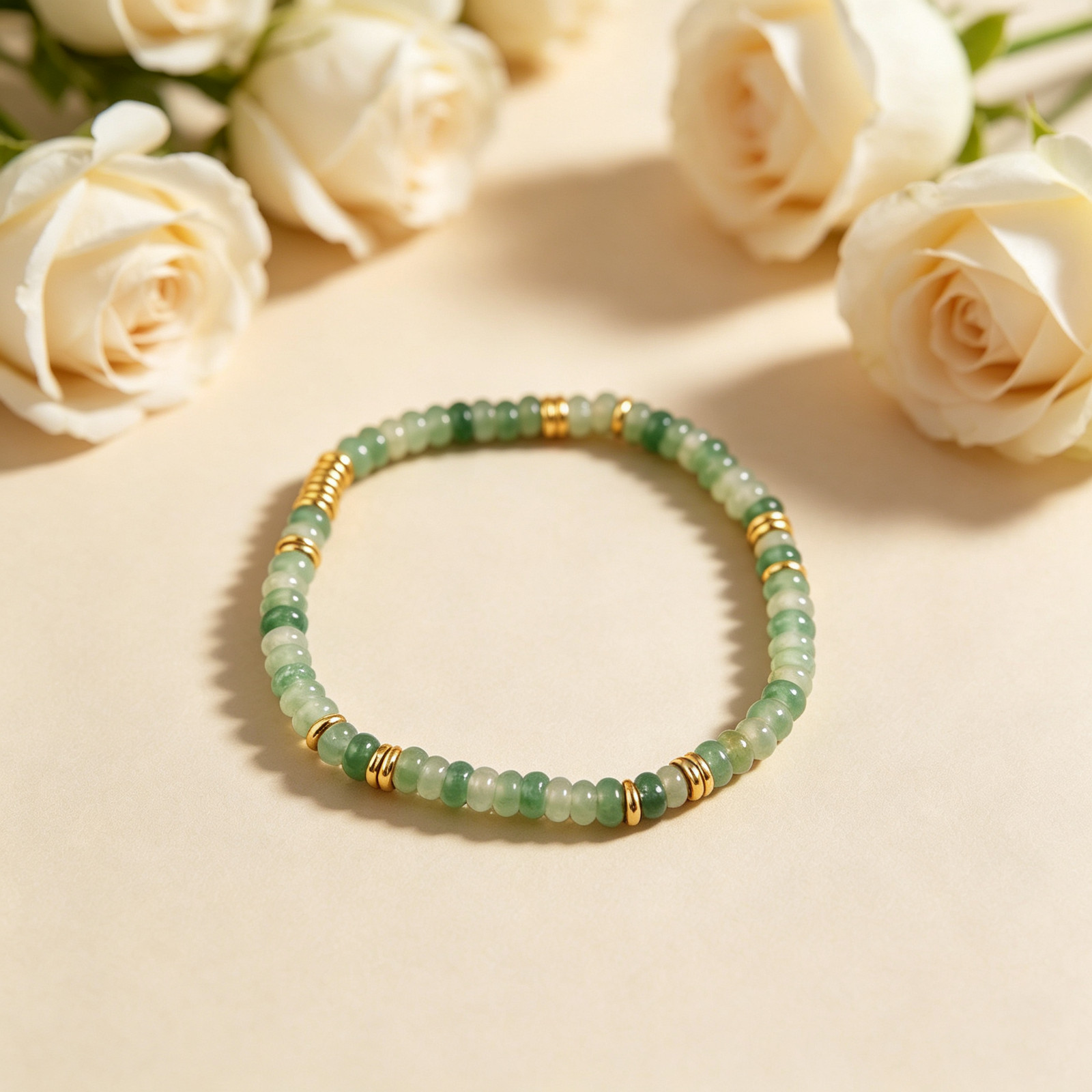 Green Aventurine Stretch Beaded Bracelet |Luck Dainty Gold Accent Women Jewelry