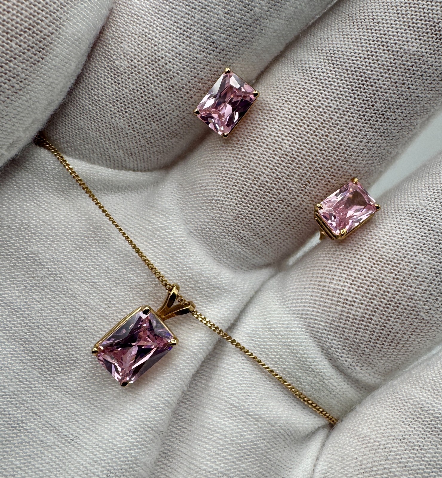 Solid 10k Gold Earrings and Necklace / Pink Tourmaline / 3.2 Grams / 18″ Long