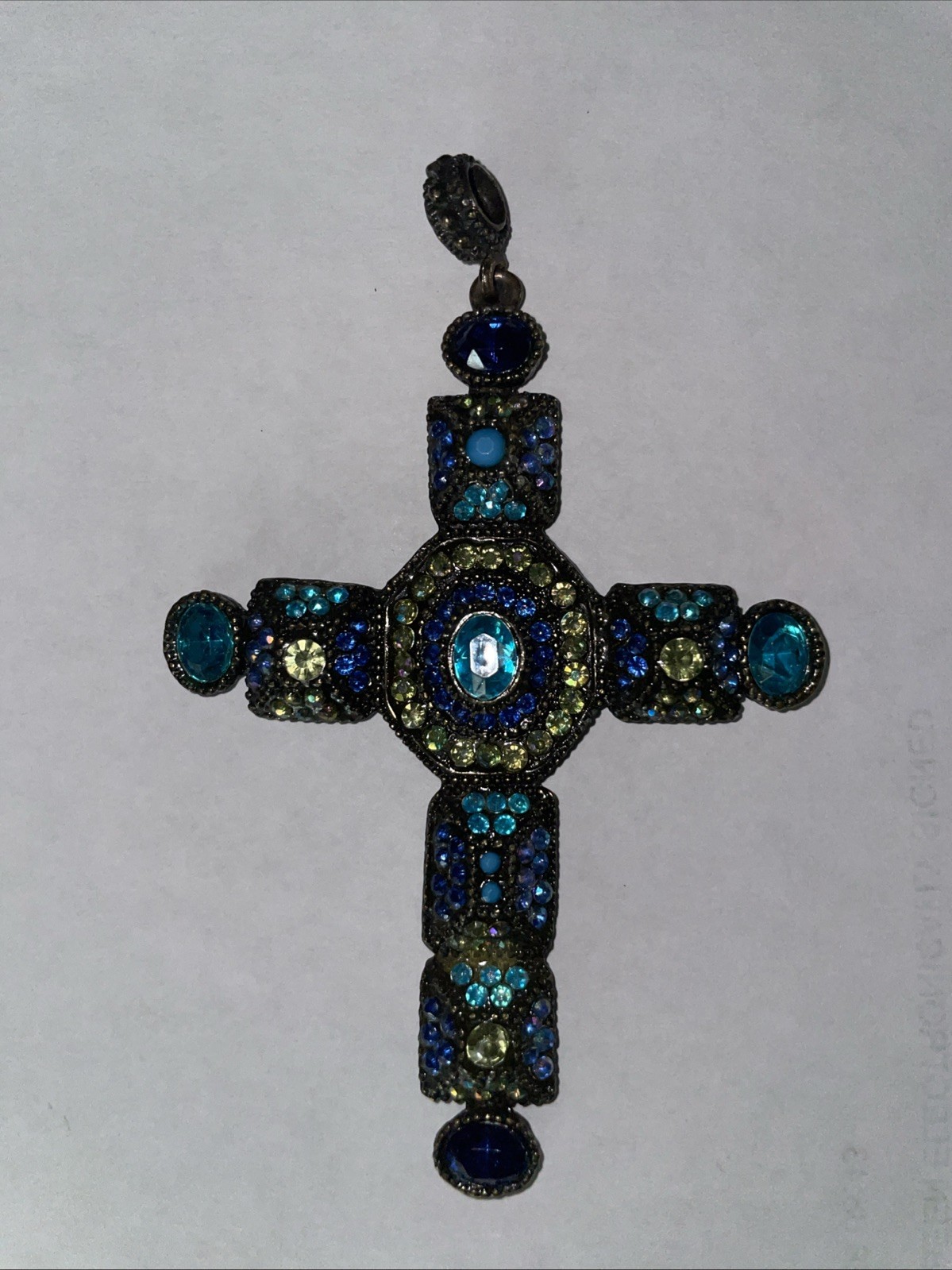 Vintage Cross Pendant Blue Green Other Rhinestones, 3.5”. Beautiful