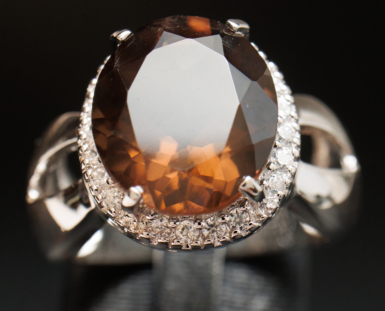 Size 8.75 Brown Smoky Quartz Cocktail CZ Halo Sterling Silver Ring