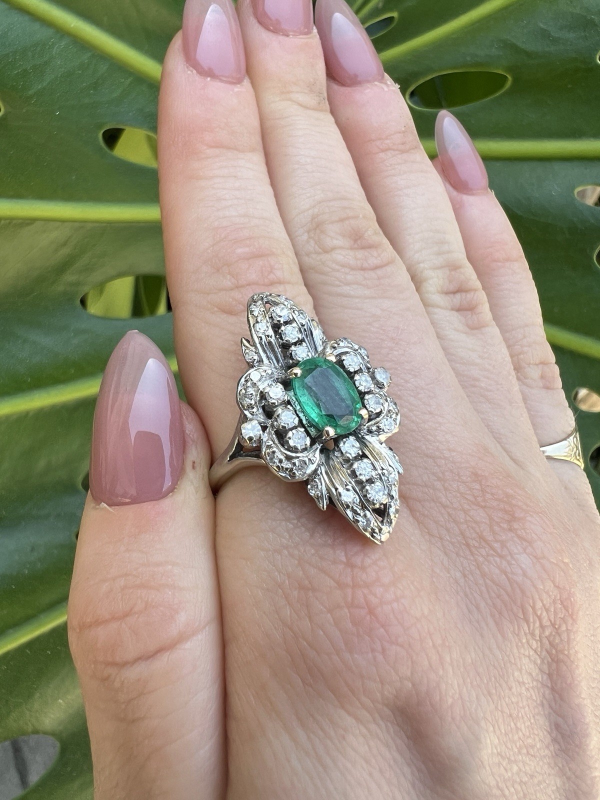 STUNNING 1ct EMERALD ring 14k white gold MANY diamonds MAY birthday ART DECO