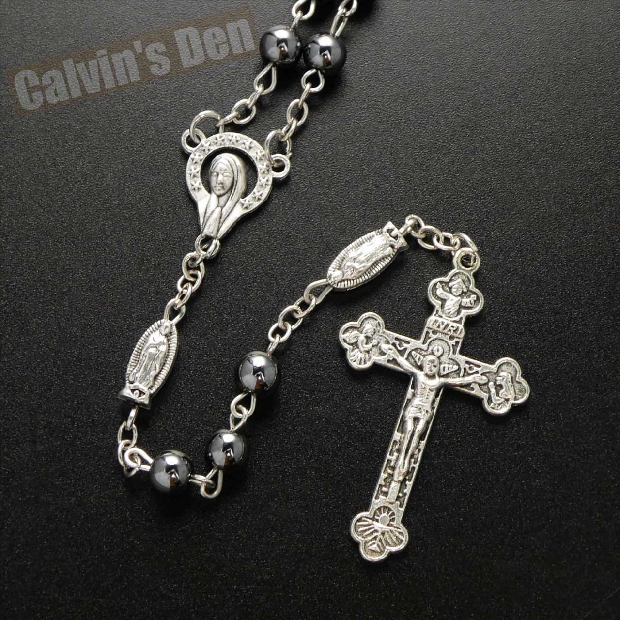 Hematite Bead Rosary Mary Crown of Stars Our Lady of Guadalupe Crucifix Italy