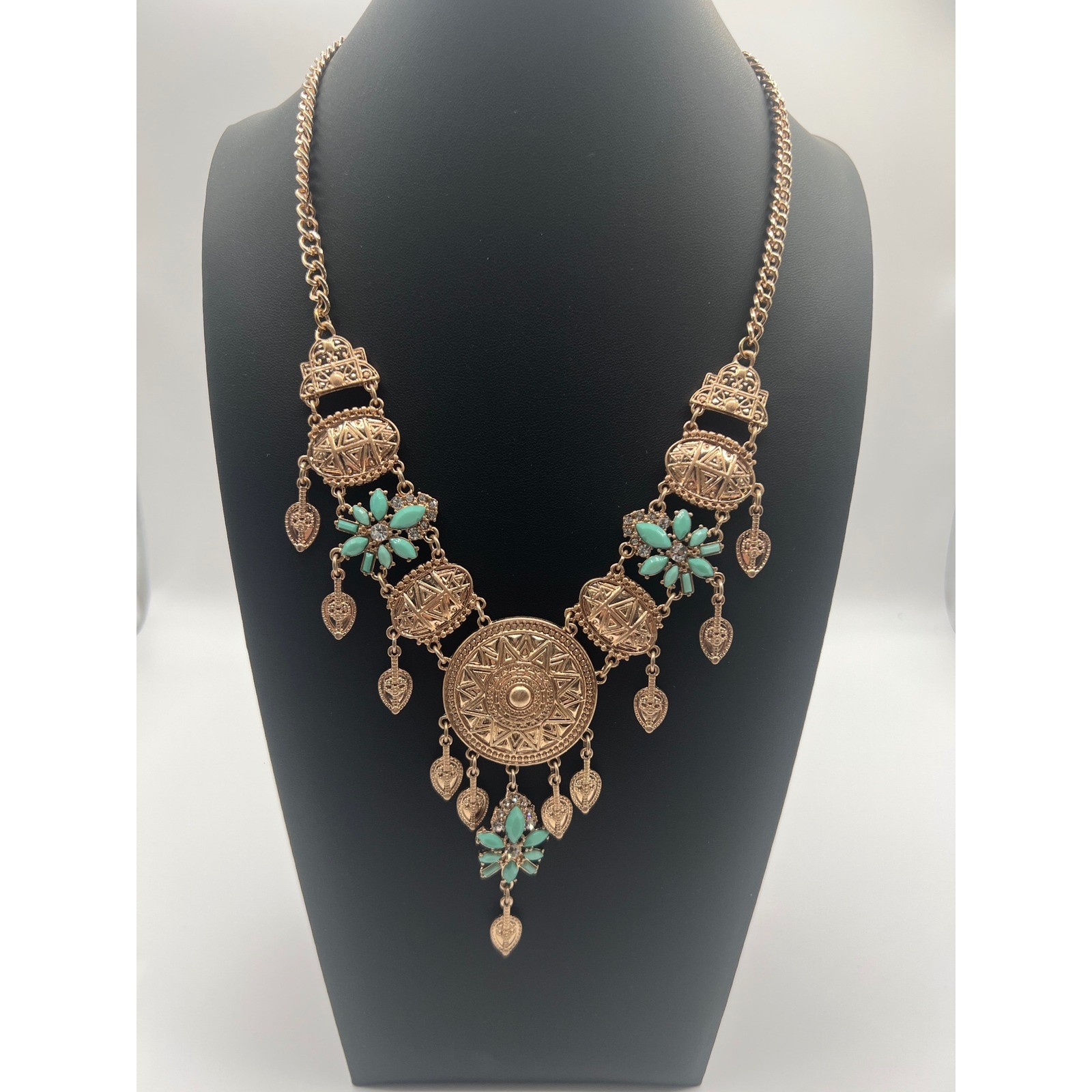 Boho Gold Tone Turquoise Floral Statement Bib Necklace Sunburst Dangle Eclectic