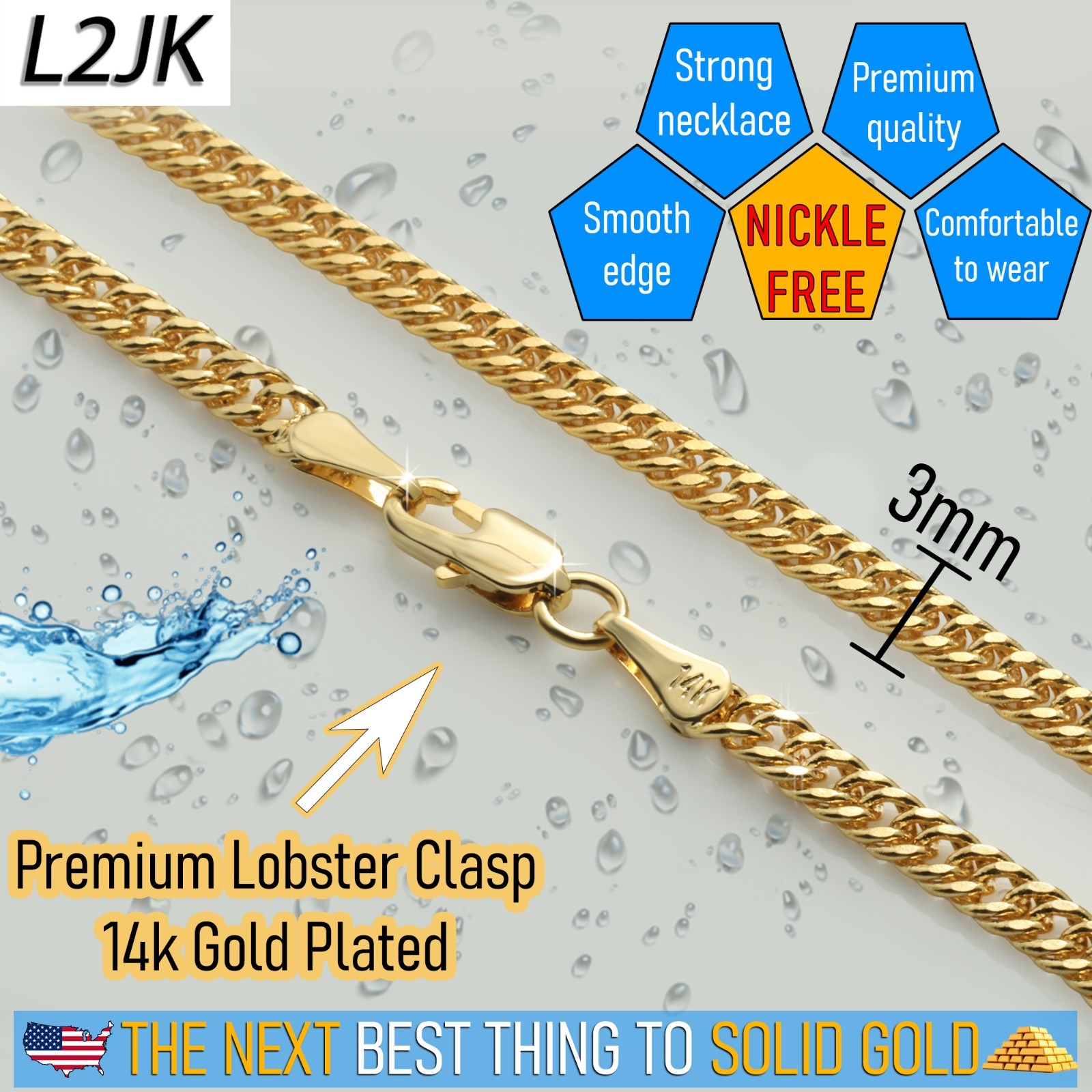 Cuban Chain Link Cascade Necklace 14K Gold Plated 3mm – 30″In Hip Hop Fashion