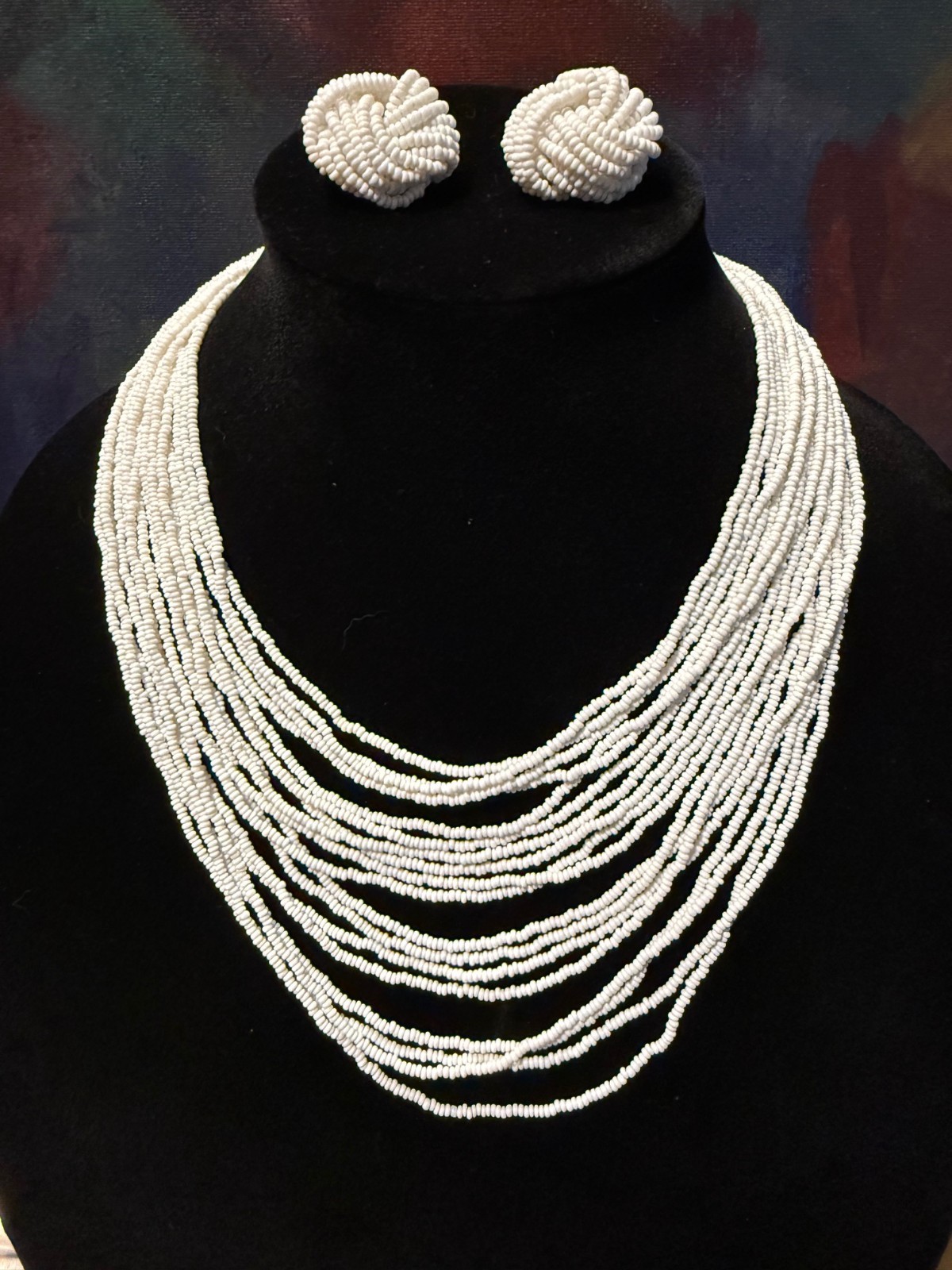 Vintage White Seed Bead Multi-Strand Statement Necklace and Clip-On Earrings