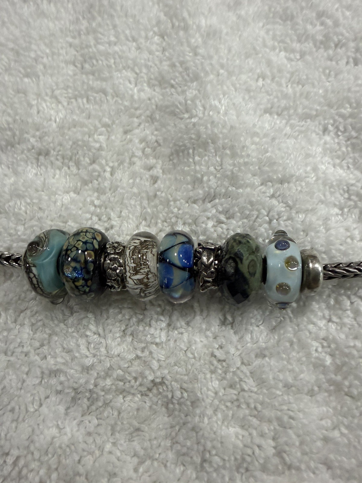 Trollbeads SS 7.5 inch Charm Bracelet with 8 Retired Charms in Blues