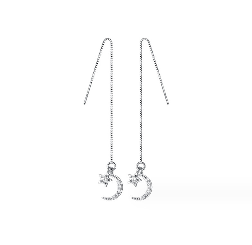 925 Silver Crescent Moon Star CZ Ear Thread Through Threader Pull Earrings PE2