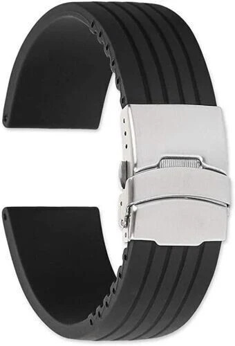 2Pcs 22mm Black Silicon/Rubber Replacement Watch Band Deployment Clasp Buckle
