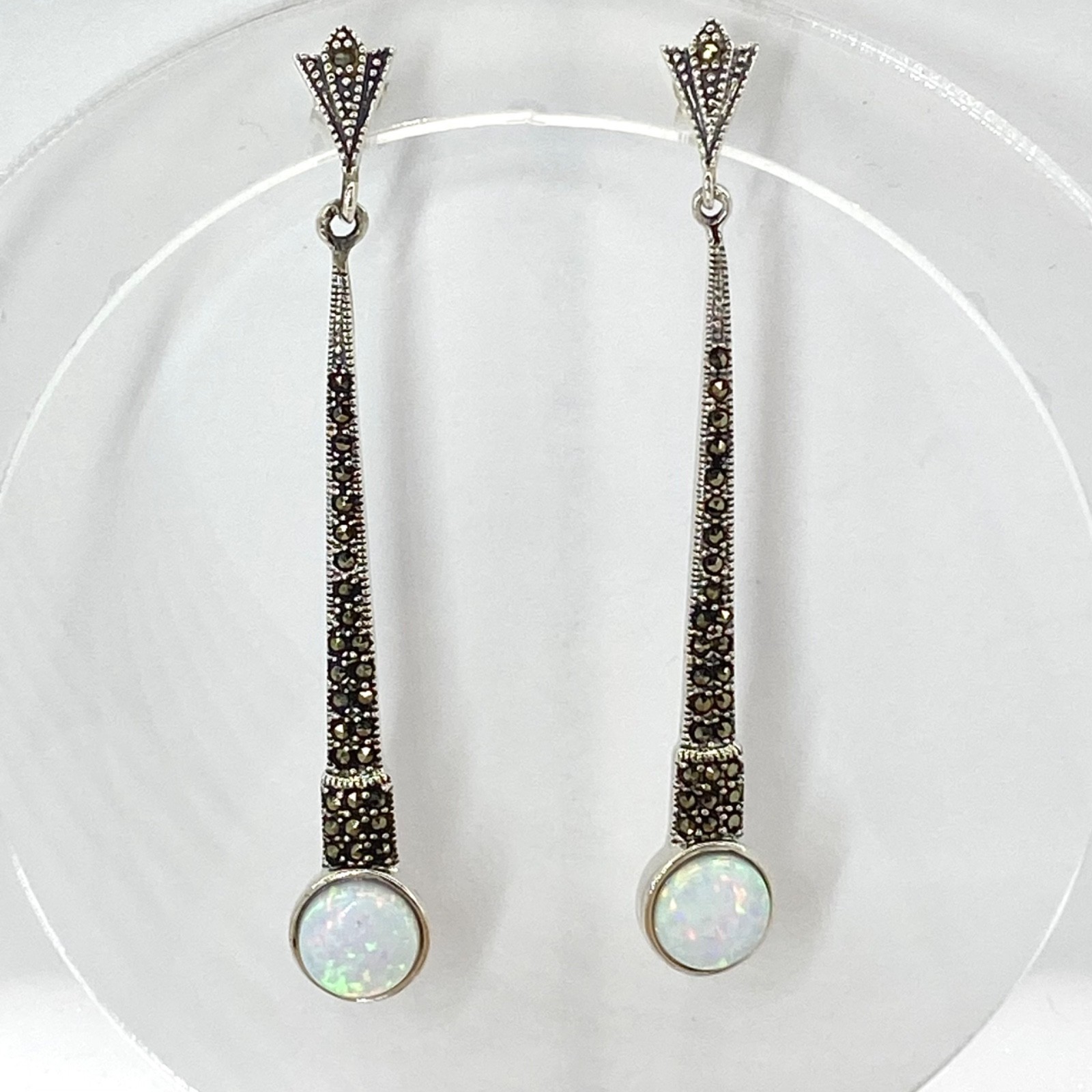 Opal Earring Studs 925 Sterling Silver Long Drop Marcasite Accents 6.2cm New