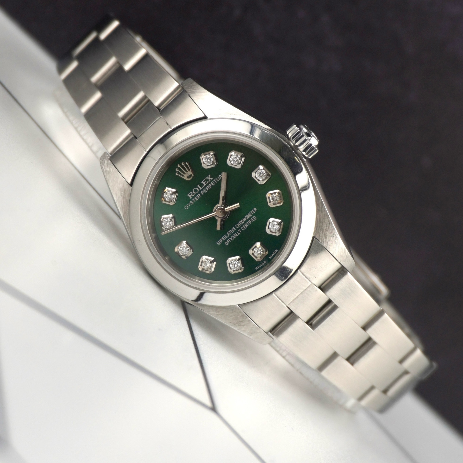 Rolex Oyster Perpetual 25mm Steel Green Diamond Smooth Oyster Watch 67180