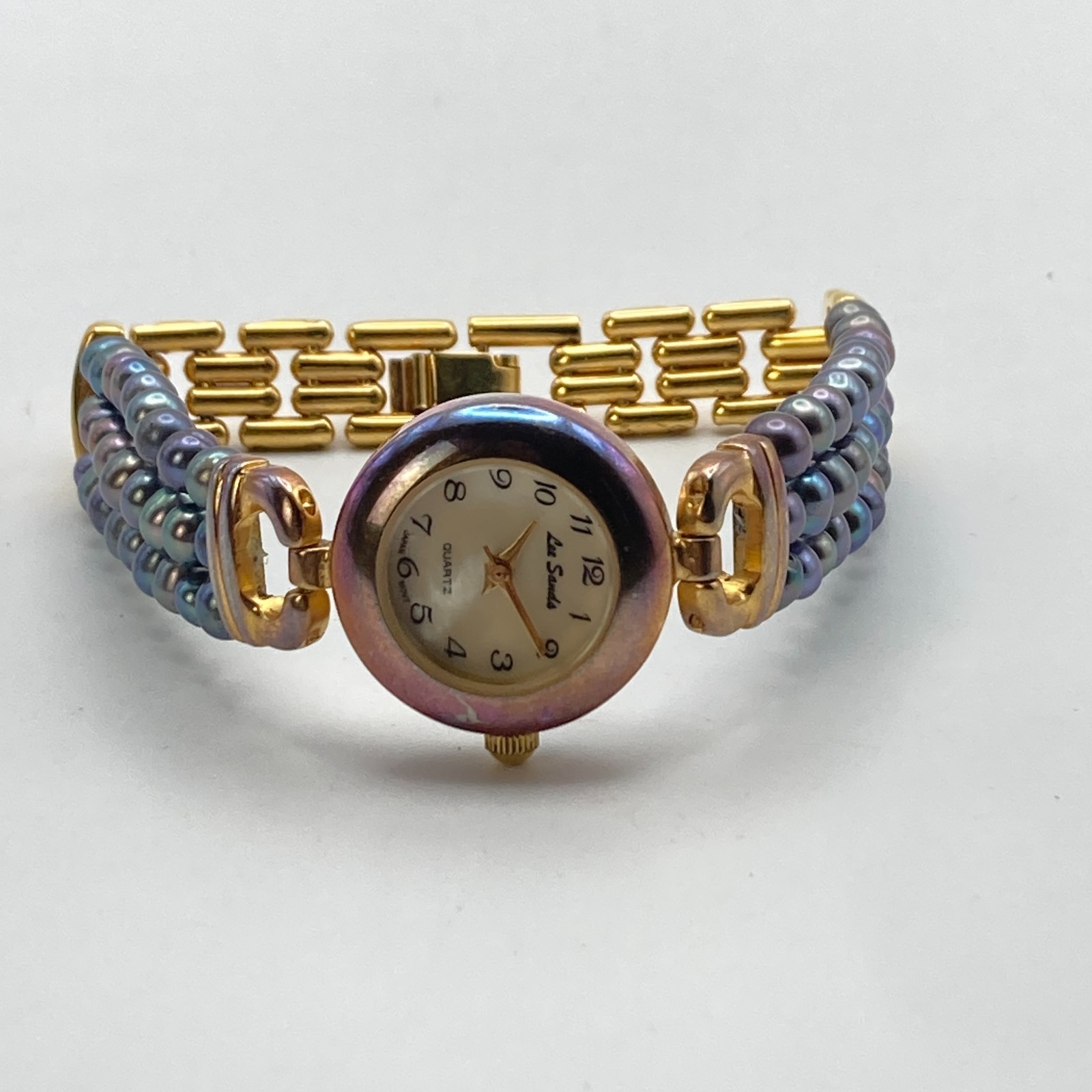Lee Sands Women’s Watch 22mm Gold Tone MOP Iridescent Beads New Battery 7″