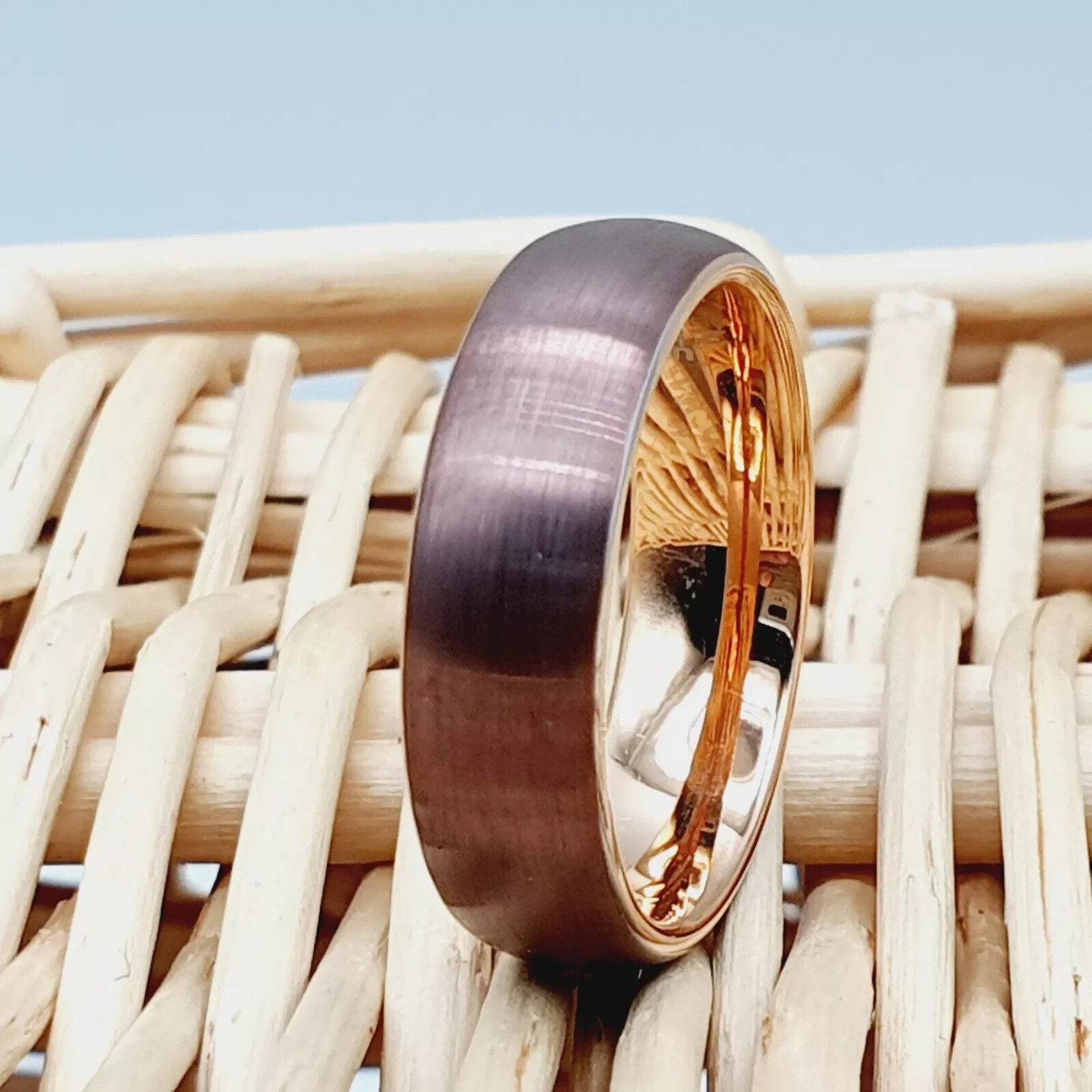 Brown & Rose Gold Tungsten Wedding Promise Rings Unique Brushed Matte Outside