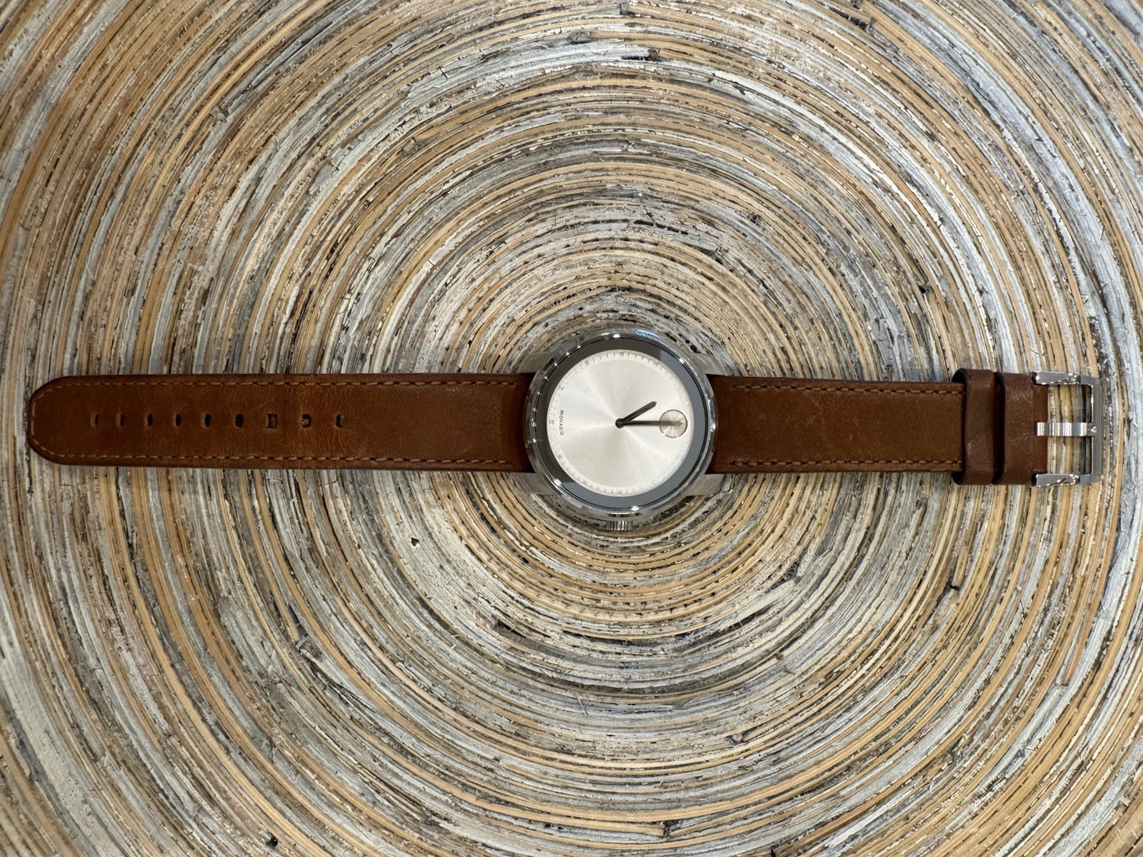 Movado Museum Analog Wristwatch Silver Dial/Case Brown Leather Two-Piece