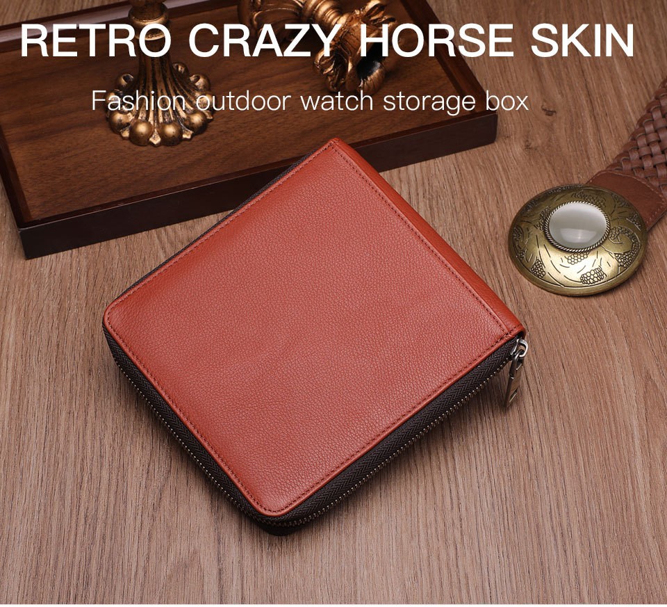 Luxe Brown Cowhide Genuine Leather Watch Organiser Travel Watch Storage Bag Box