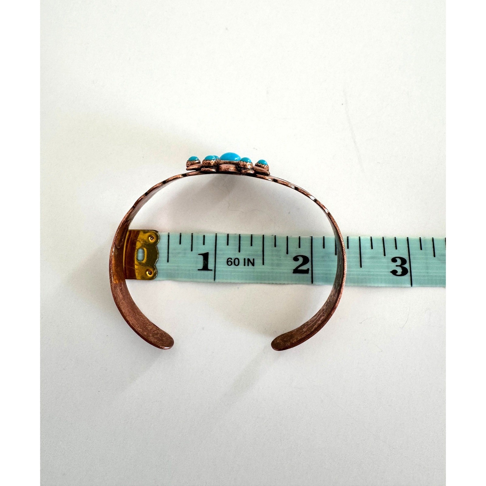 Vintage Solid Copper Faux Turquoise Cuff Bracelet Southwestern Stamped Design