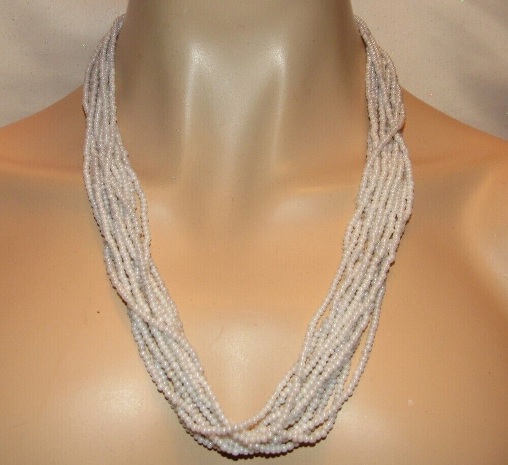 VINTAGE ELEGANT 12 STRAND WHITE GLASS SEED BEAD NECKLACE D305