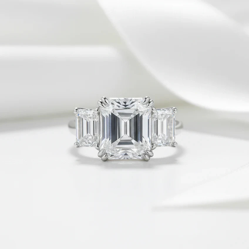 3CT Emerald Cut Created Diamond Option 3 Stone Engagement Ring In 925 Silver