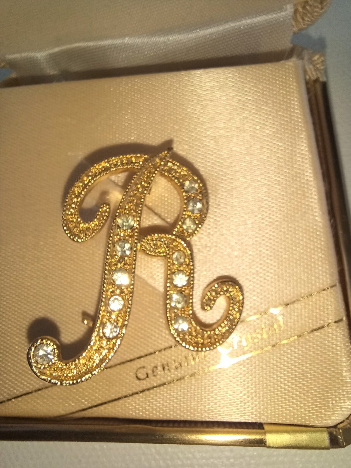 Vintage Monogram Initial R Pin Brooch Crystals Goldtone in Box Investment