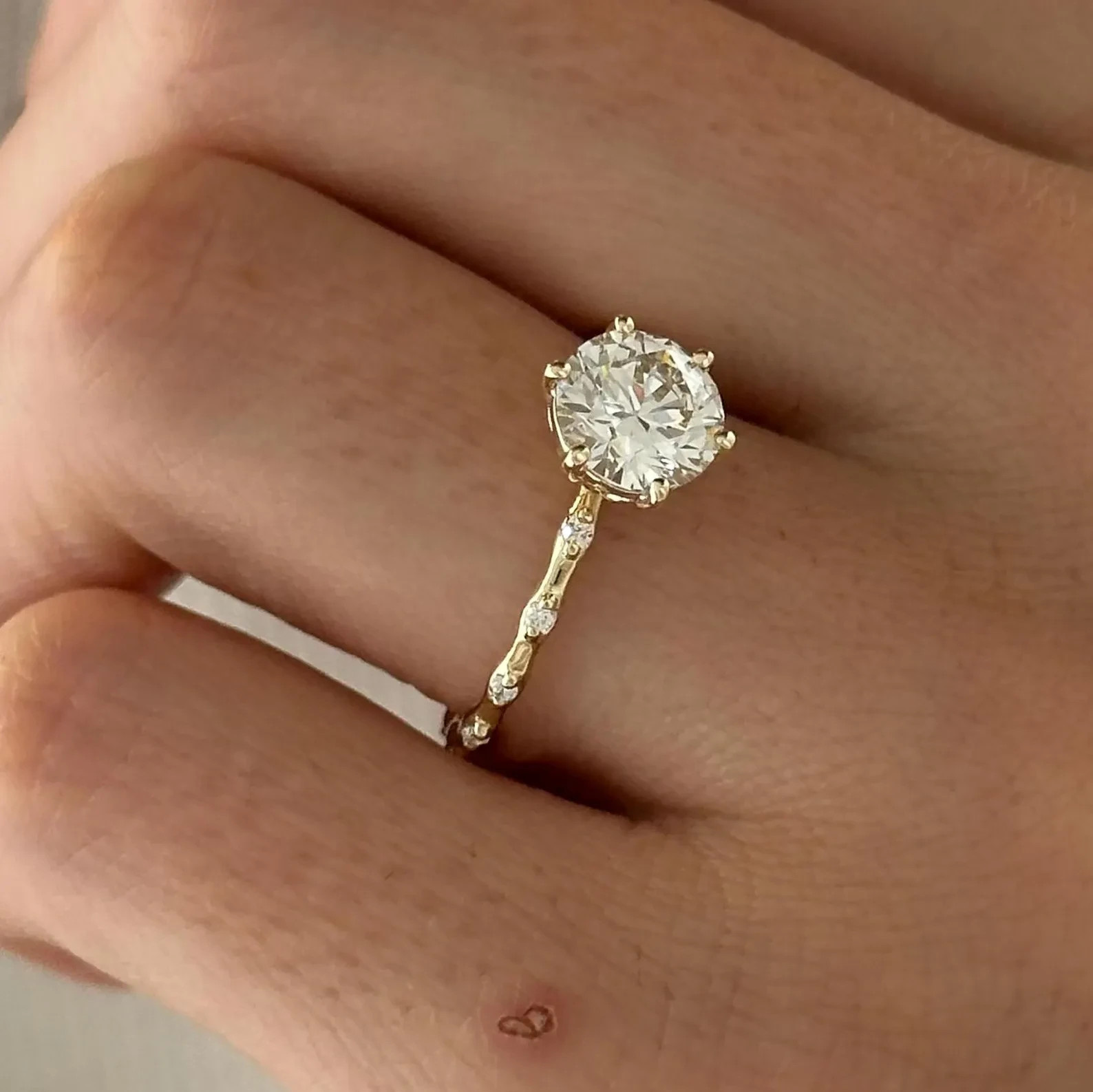 Round Cut Lab Grown Diamond 14k Yellow Gold Solitaire With Accents Wedding Ring