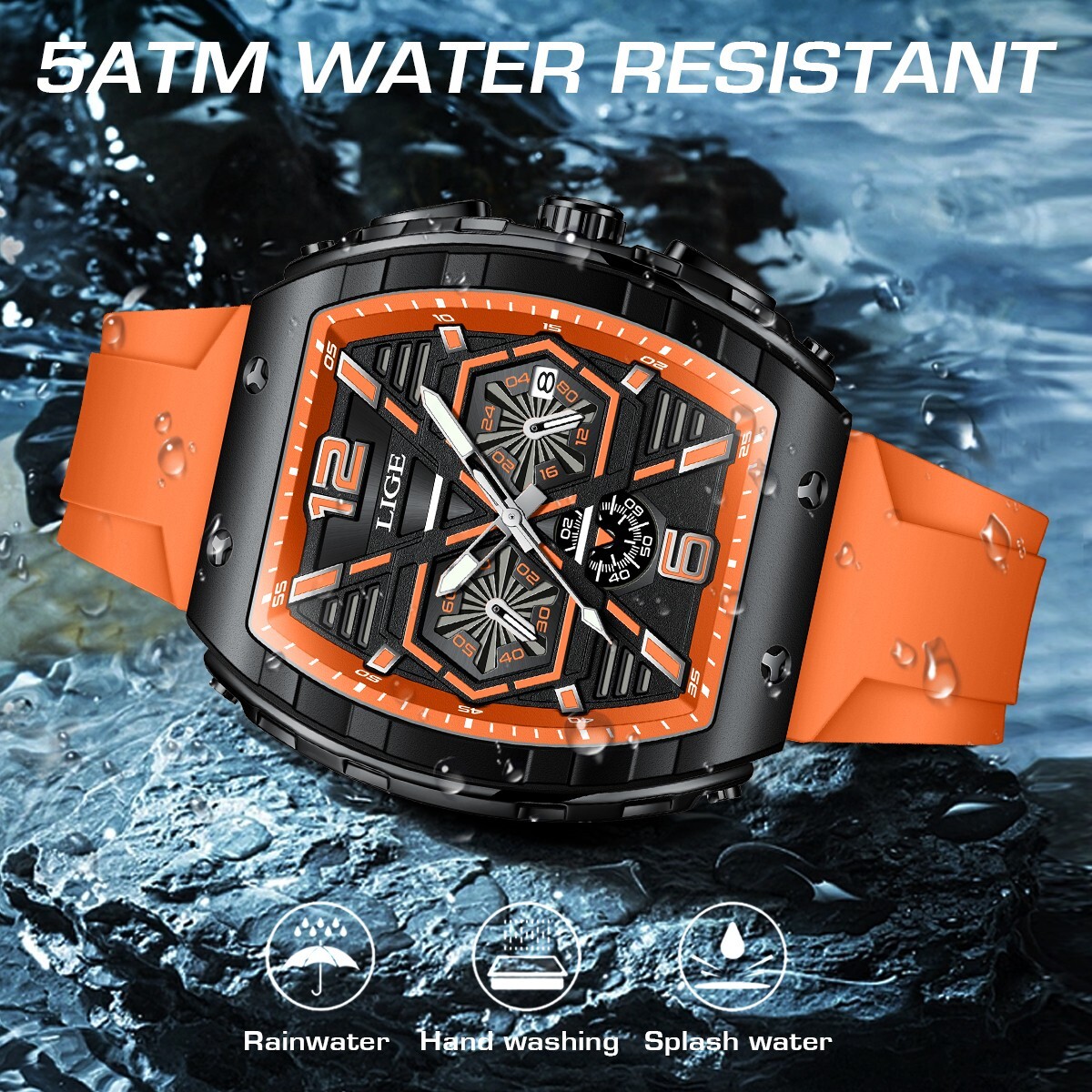 LIGE Men Watch Quartz Date Luminous Big Dial Waterproof Multifunction Wristwatch