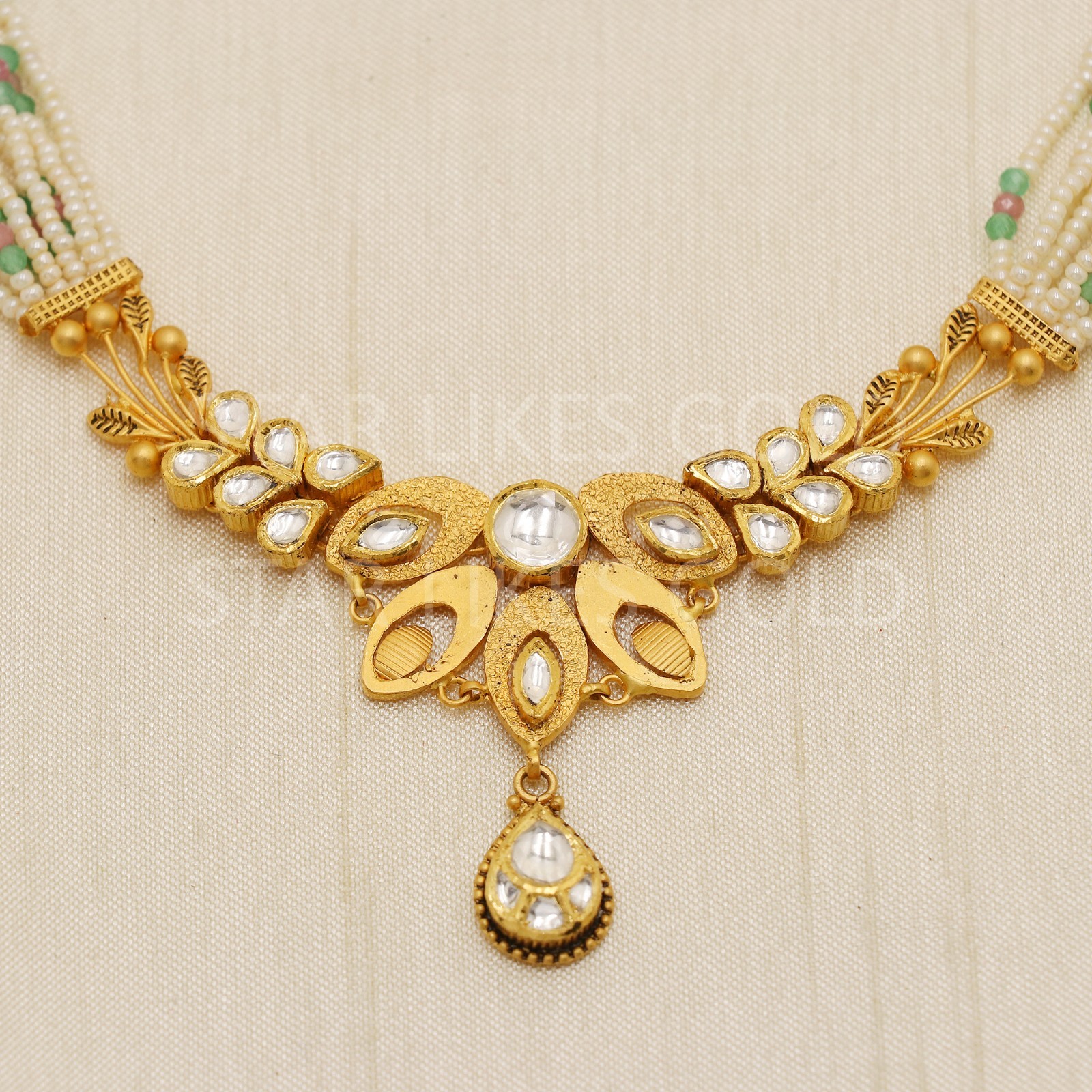 22K Yellow Gold Kundan Floral Pearl Strand Necklace Earrings Set 11.44g