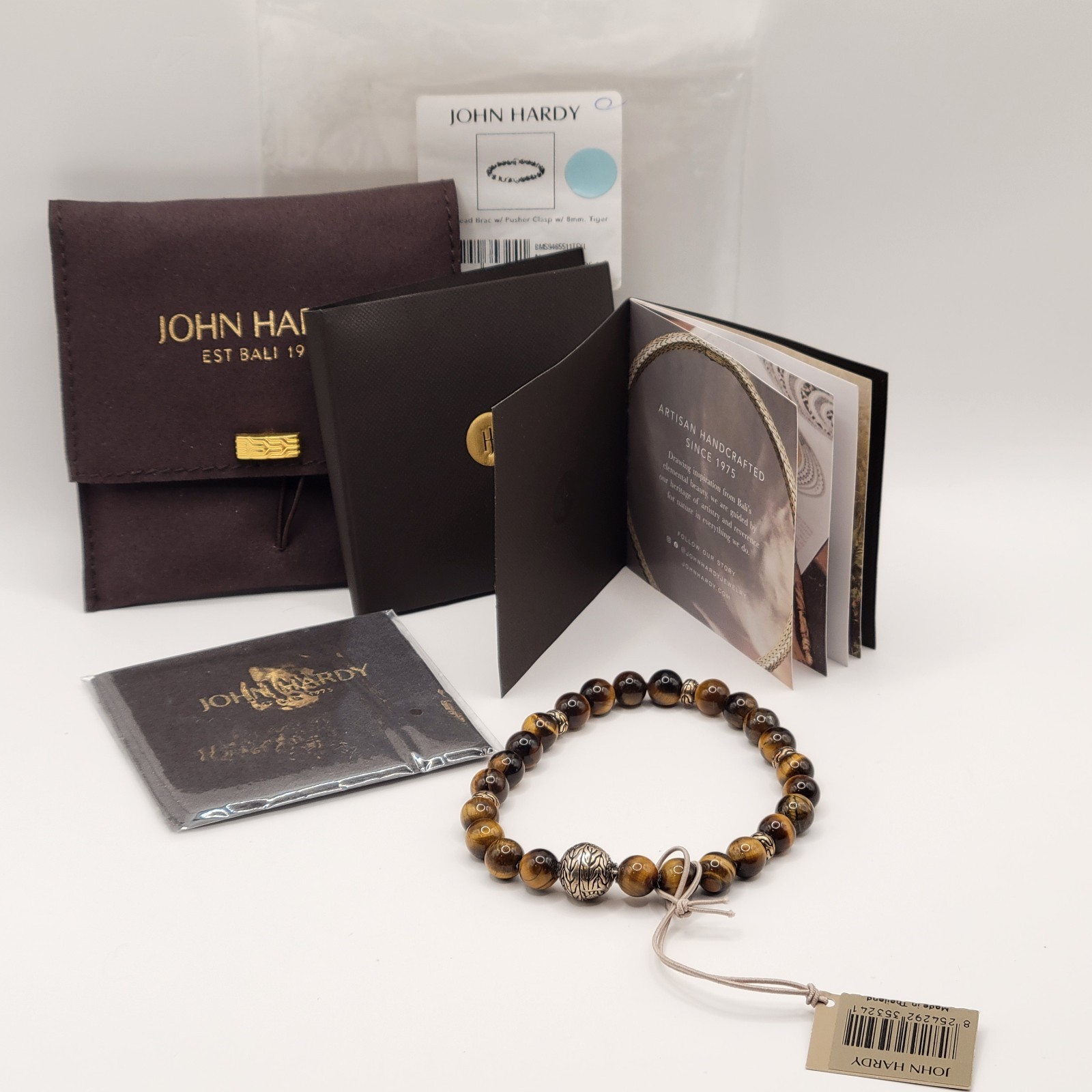 JOHN HARDY Men’s Sterling Silver Bead BRACELET w/8mm Tiger Eye Pusher Clasp SZ L