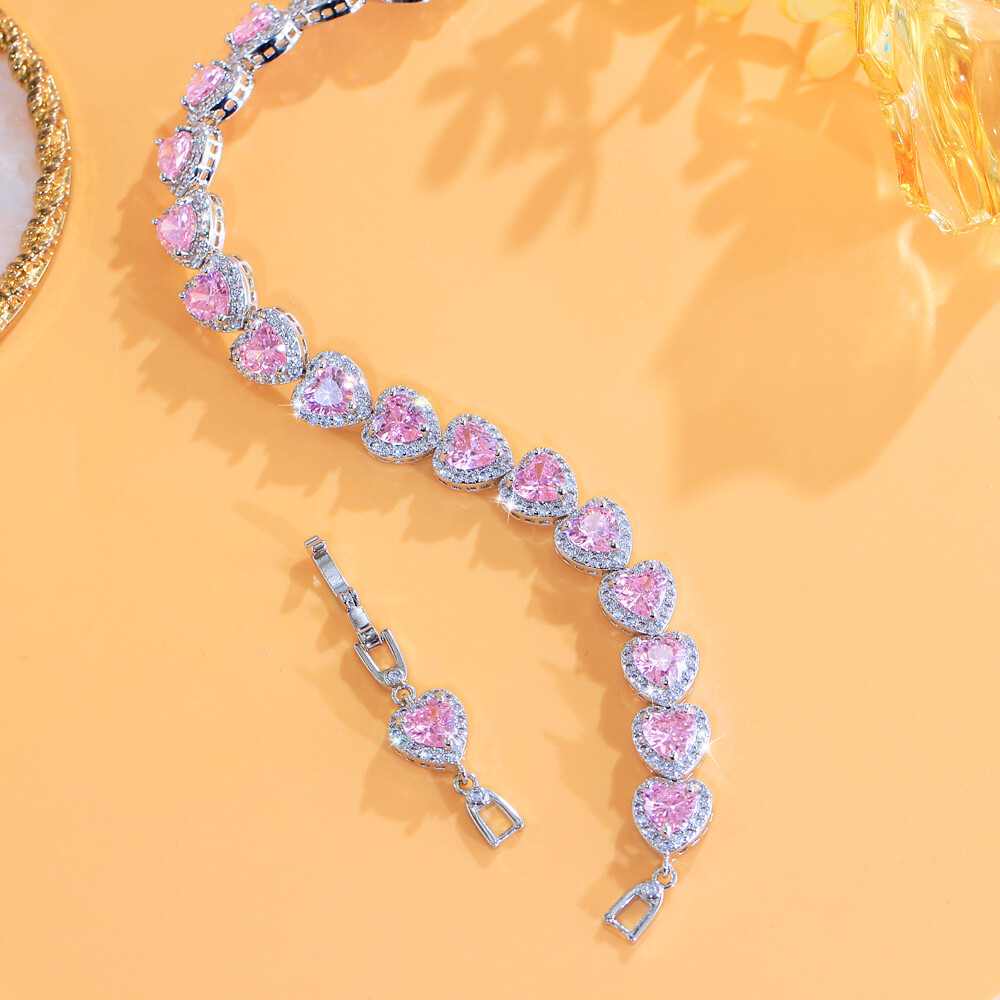 Trendy Silver Plated CZ Pink Austrian Crystal Heart Tennis Bracelet for Women