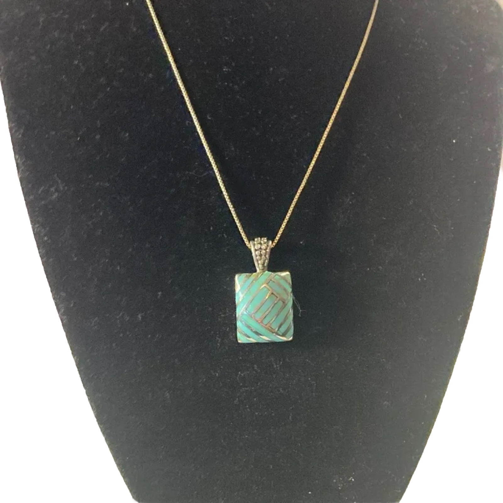 Vintage Turquoise pendant Set In 925 silver On 15 1/2” Sterling Chain.