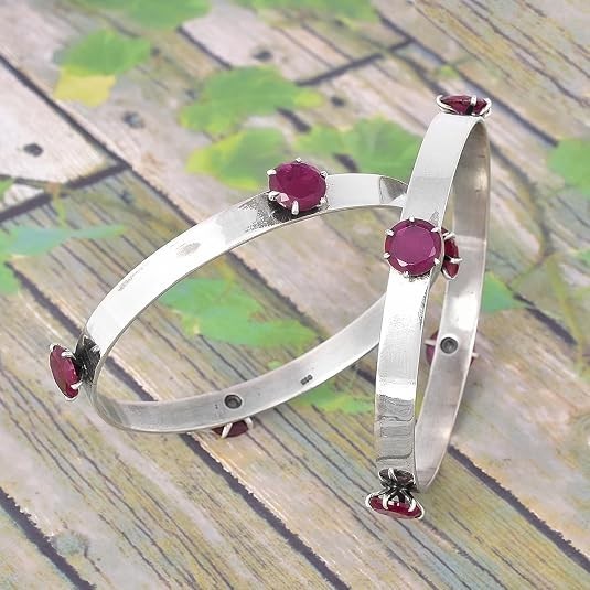 Handmade 925 Sterling Silver Bangle with Ruby Gemstones – 8.7 mm Round