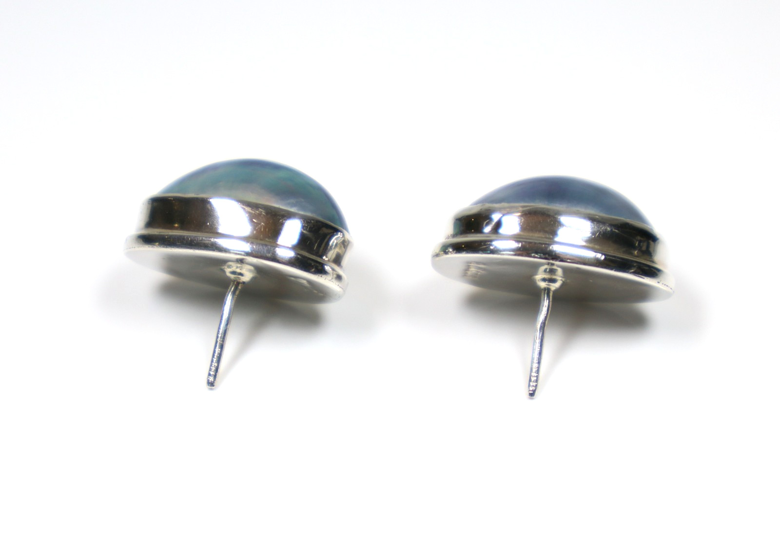 Vintage Blue Mabe Pearl 925 Sterling Silver Stud Post Earrings Large Oval Shape