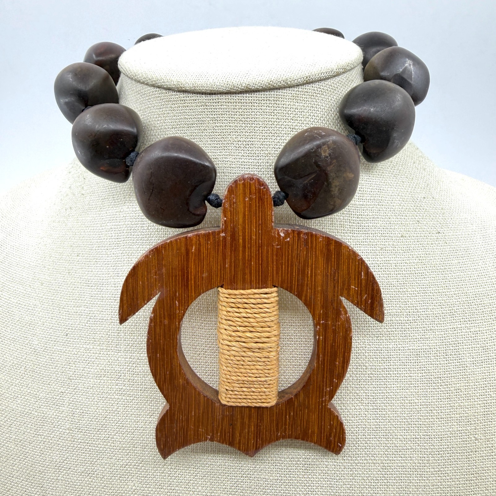 Chunky Brown Nut Bead Necklace Wood Sea Turtle Pendant Boho Tribal Statement