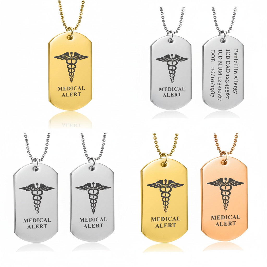 Stainless Steel Medical Alert ID Pendant Necklace Dog Tag Personalized Engraving