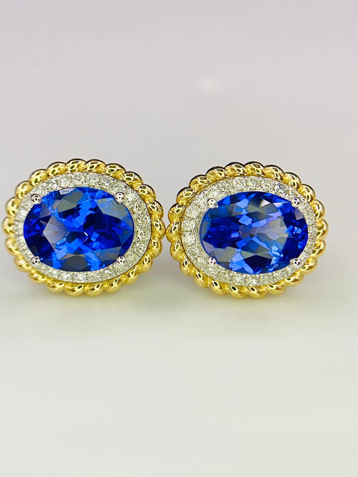 GIL Certified 14K Yellow White Gold Tanzanit & Diamond Earrings Natural Gemstone