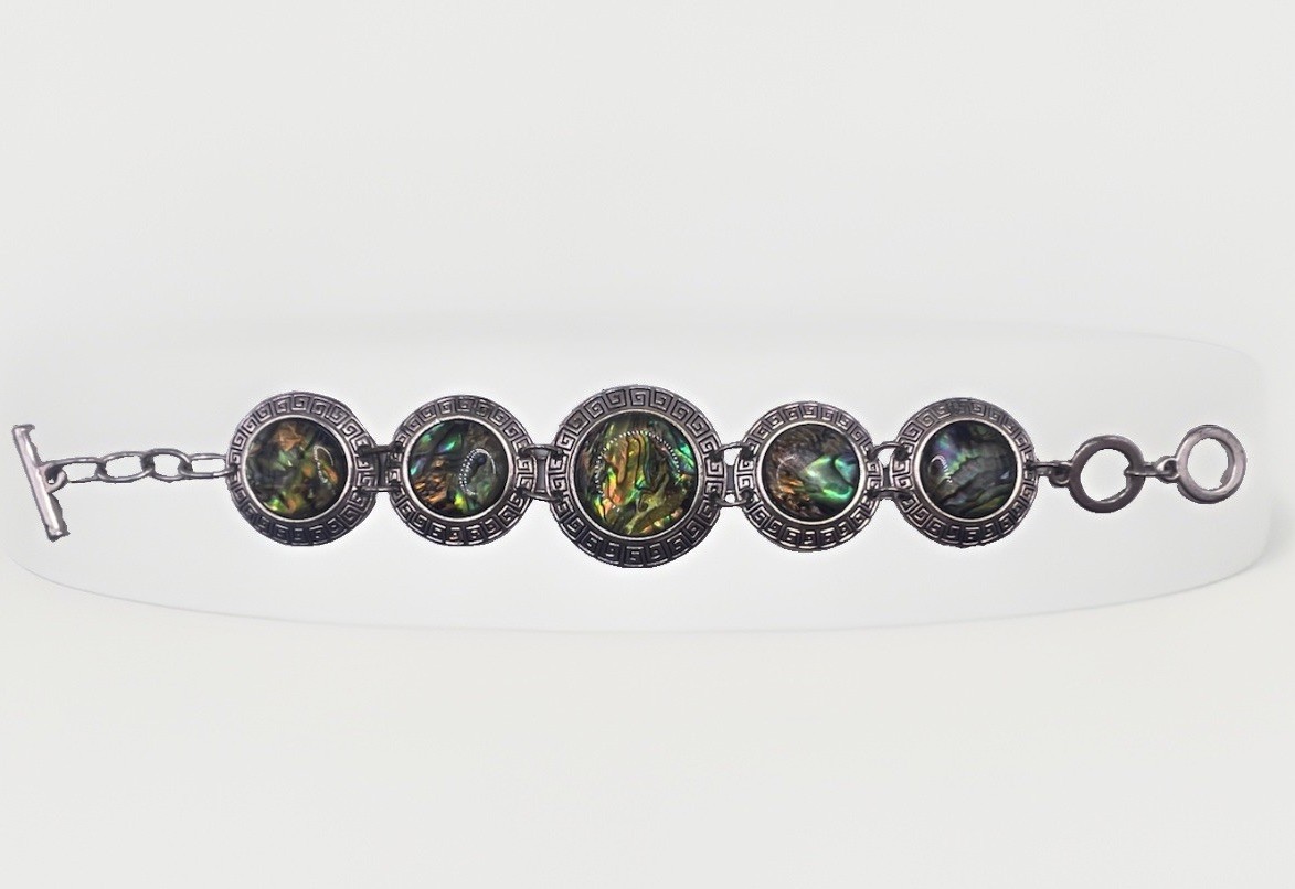 Vintage Silver Tone Abalone Shell Greek Key Link Bracelet Boho Hippie Jewelry 8”