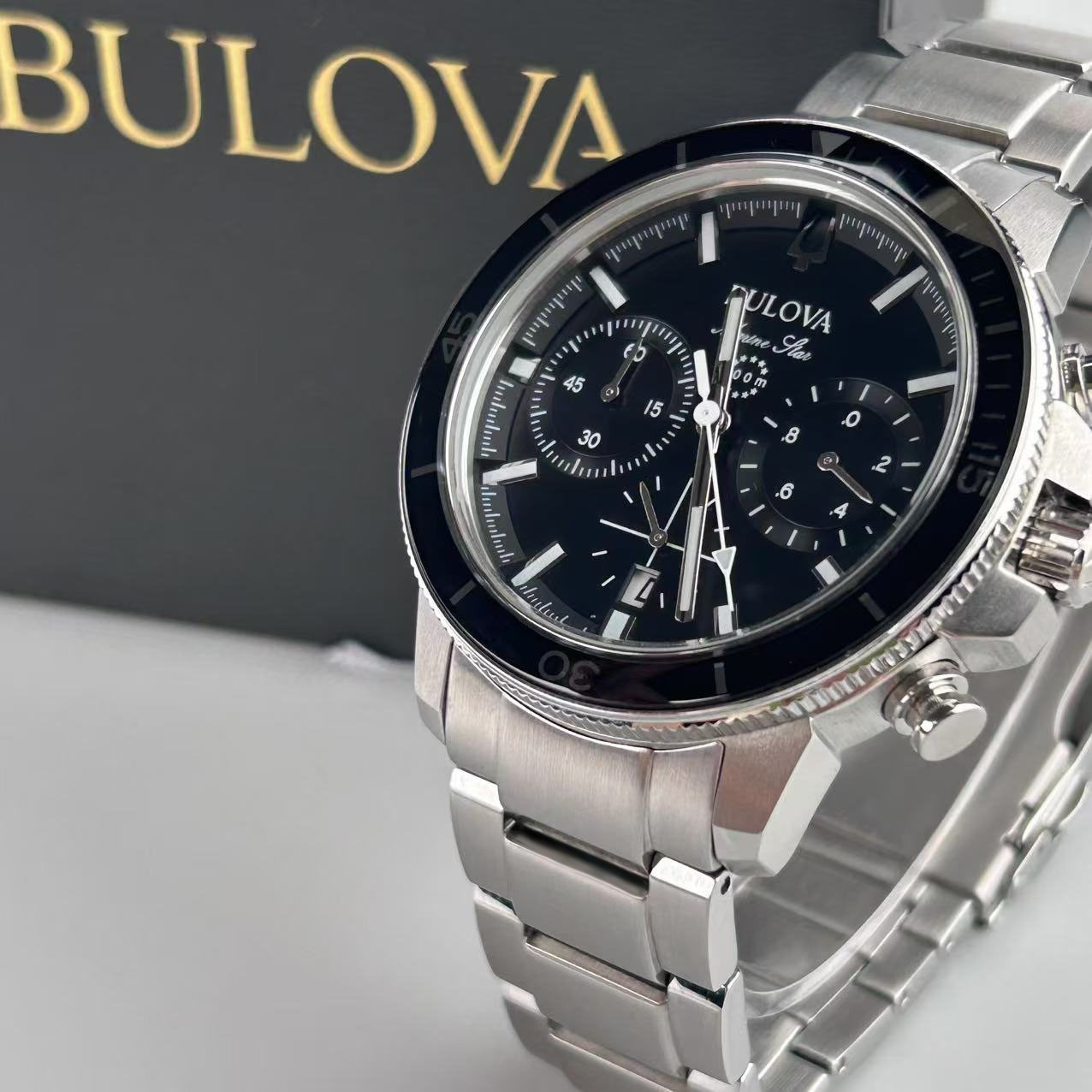 New Bulova Marine Star Black Dial Stainless Steel Men’s Quartz Watch 96B272 45mm