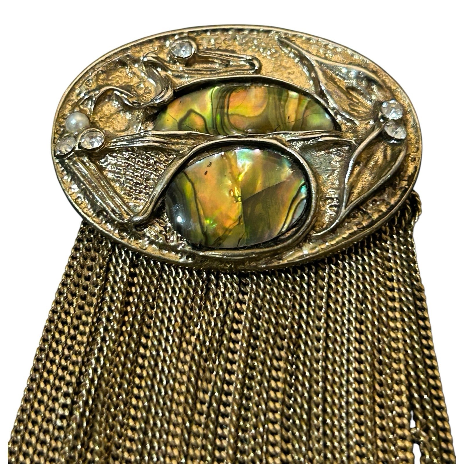 Vintage Art Nouveau Fringe Brooch Abalone Shell Gold Tone 3.5in