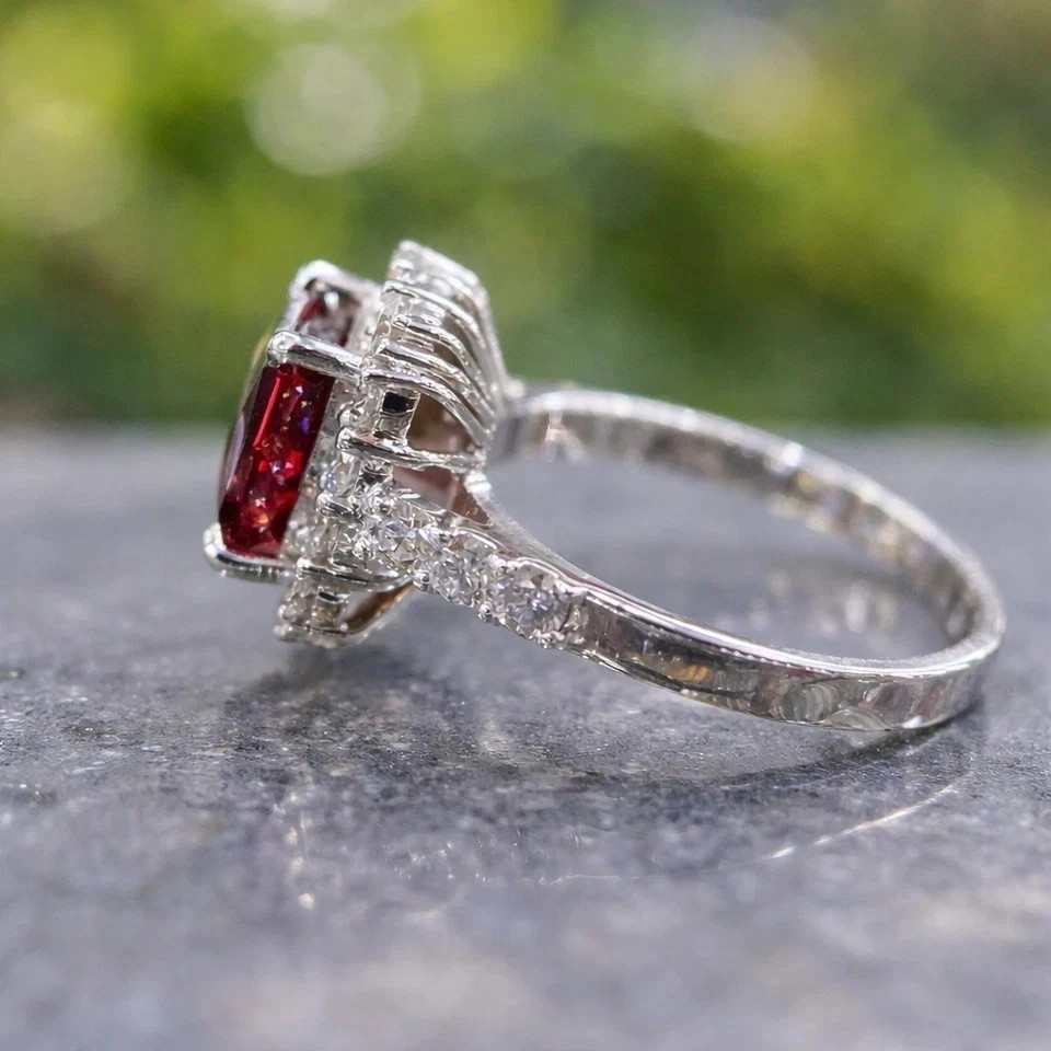 2.50Ct Princess Cut Natural Ruby Diamond Wedding Ring 14K White Gold Size 6 7 8