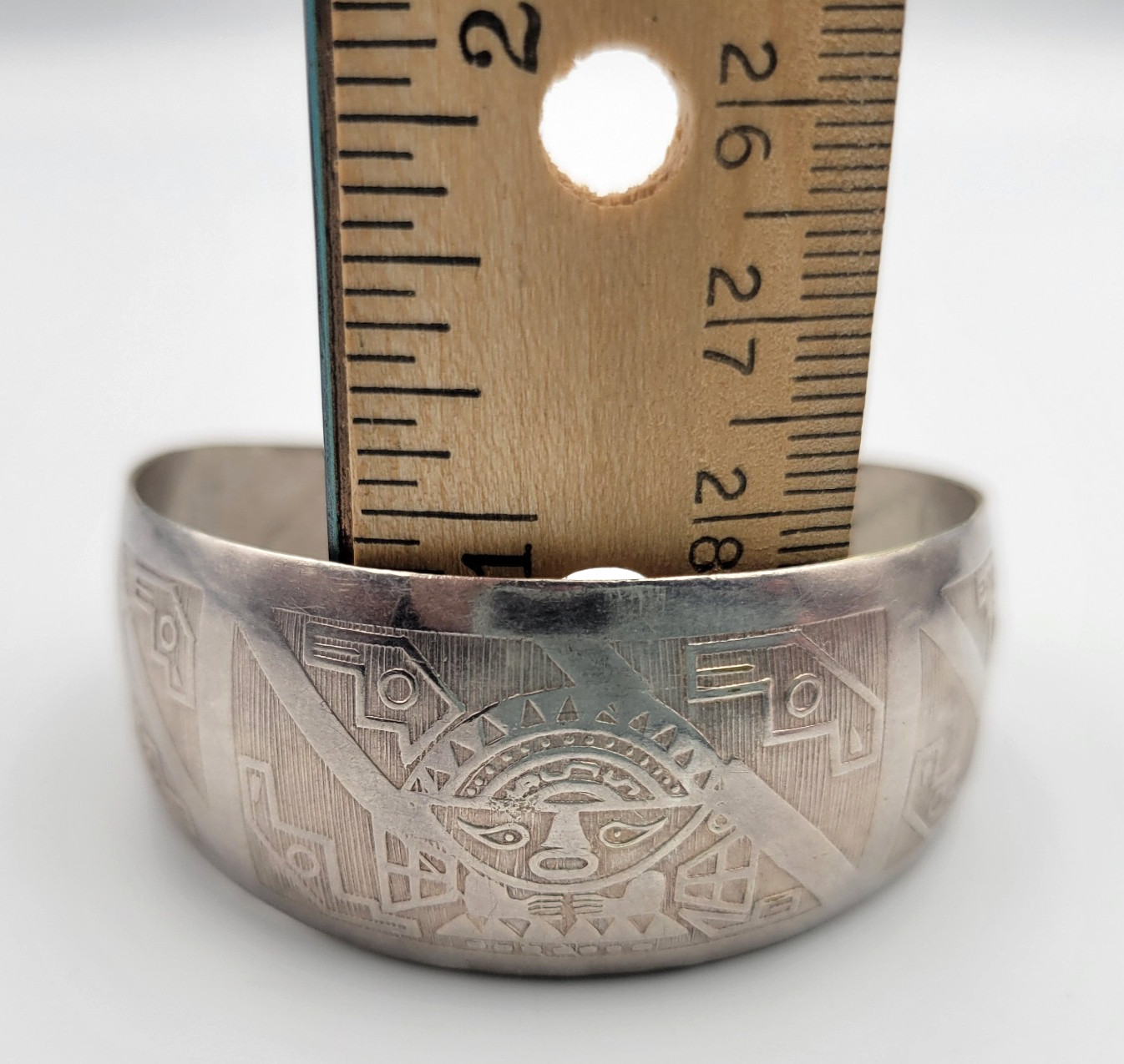 Vtg Peruvian Silver Plate Meso-American Figural Panel Cuff Bracelet MCM