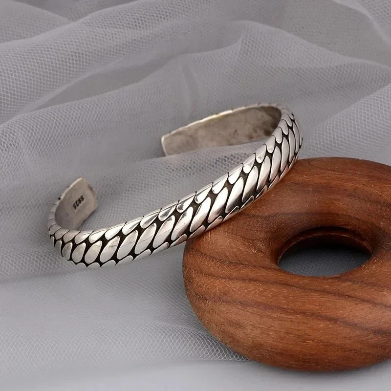 Mens Handmade 925 Sterling Silver Open Cuff Bracelet Vintage Twisted Bangle