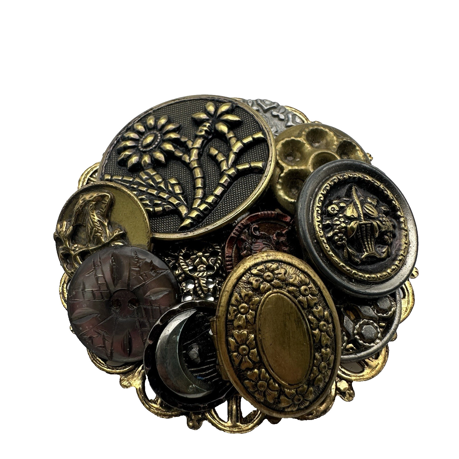 Victorian Steampunk Gothic Button Collage Assemblage Cluster Brooch Locket Pin