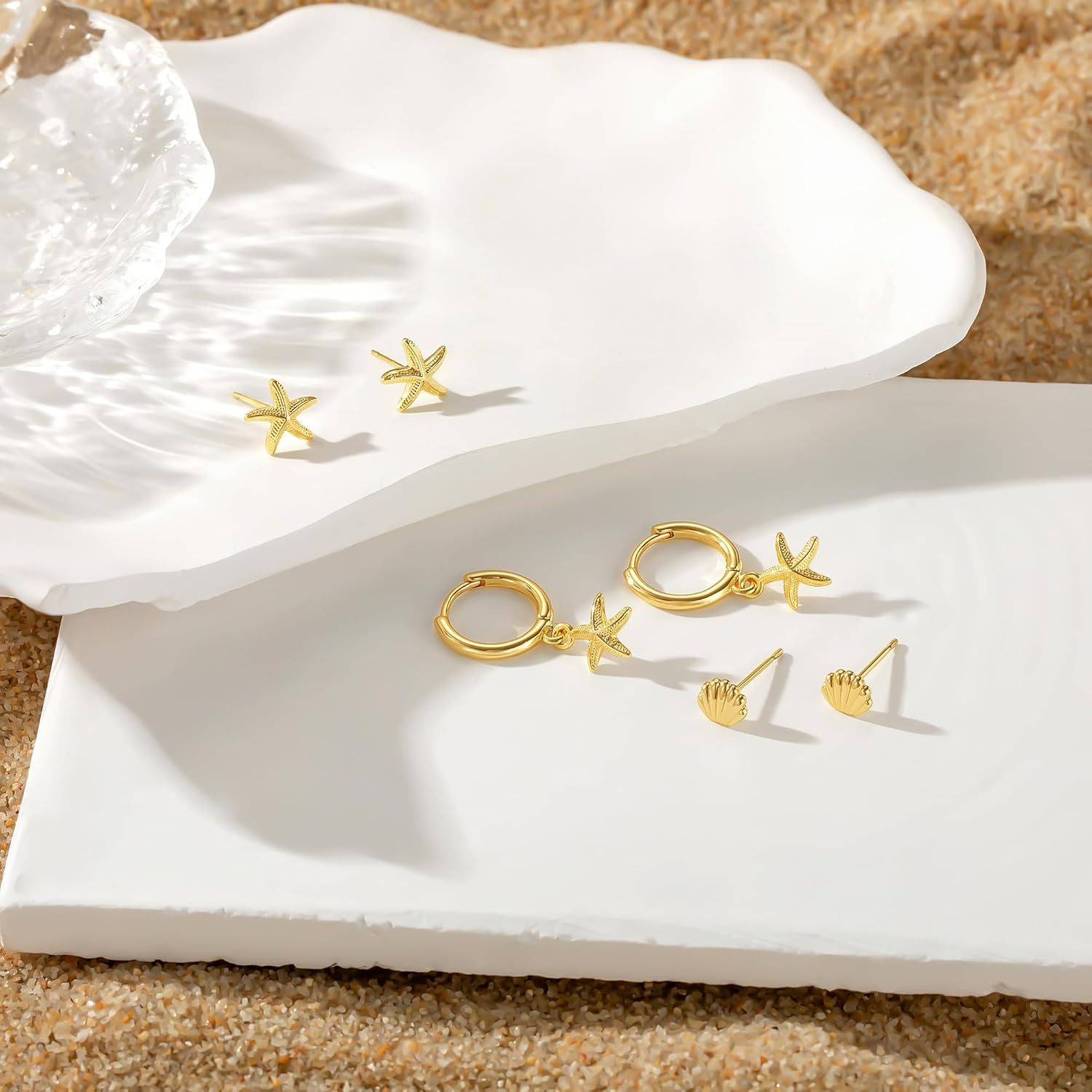 3 Pairs 14K Gold Plated Dangle Earrings Set for Women, Dainty Seashell Starfish