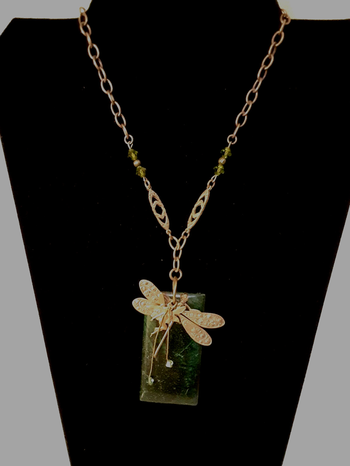 Vintage Brass Green Stone Dragon Fly Fairy Necklace