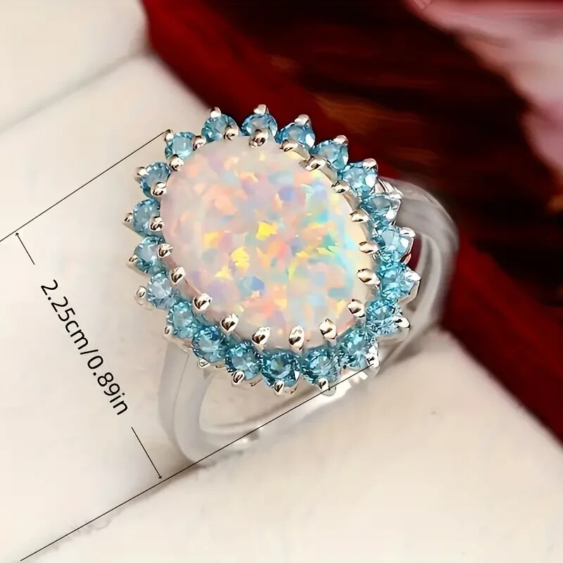 Elegant 925 Sterling Silver Fire Rainbow Opal Blue Topaz Engagement Ring Size 9