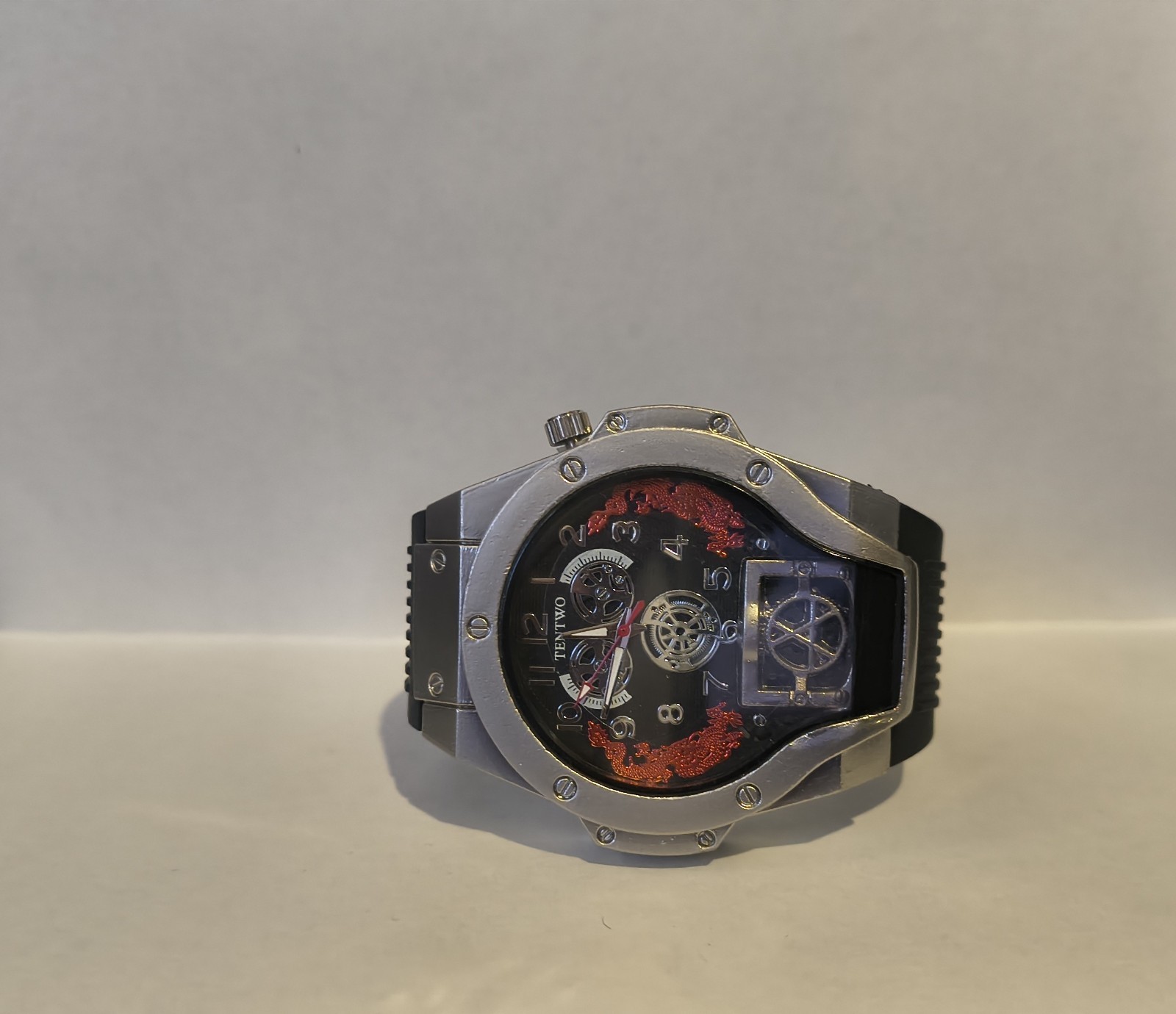 Tendence Quartz Analog Watch Skeleton Dial Black/Red Arabic, 47mm 30m