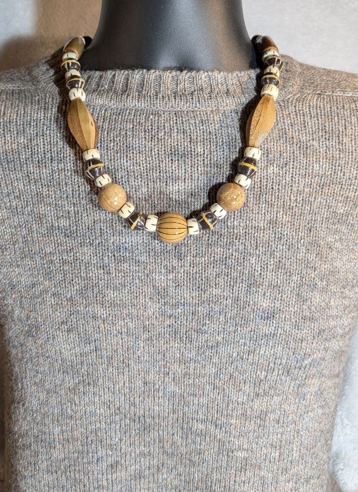 Tribal Wood Bead Necklace, African Krobo Bicone, Bone, Men’s 23in, Earth Tones