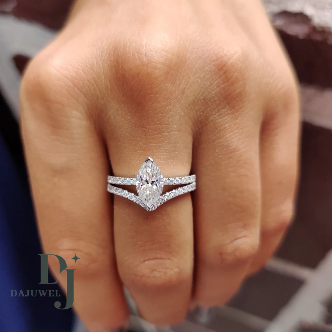 Moissanite Bridal Set Engagement Ring Solid 14K White Gold 2.50 CT Marquise Cut