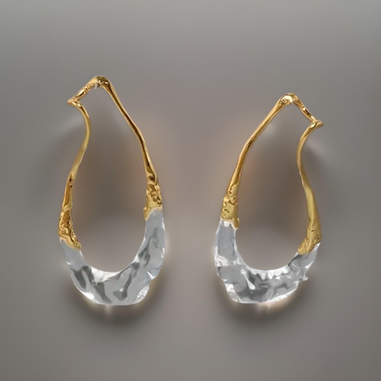 Anthropologie Hoop Earrings Crystal Lucite Metal Gold Boho Clear Irregular