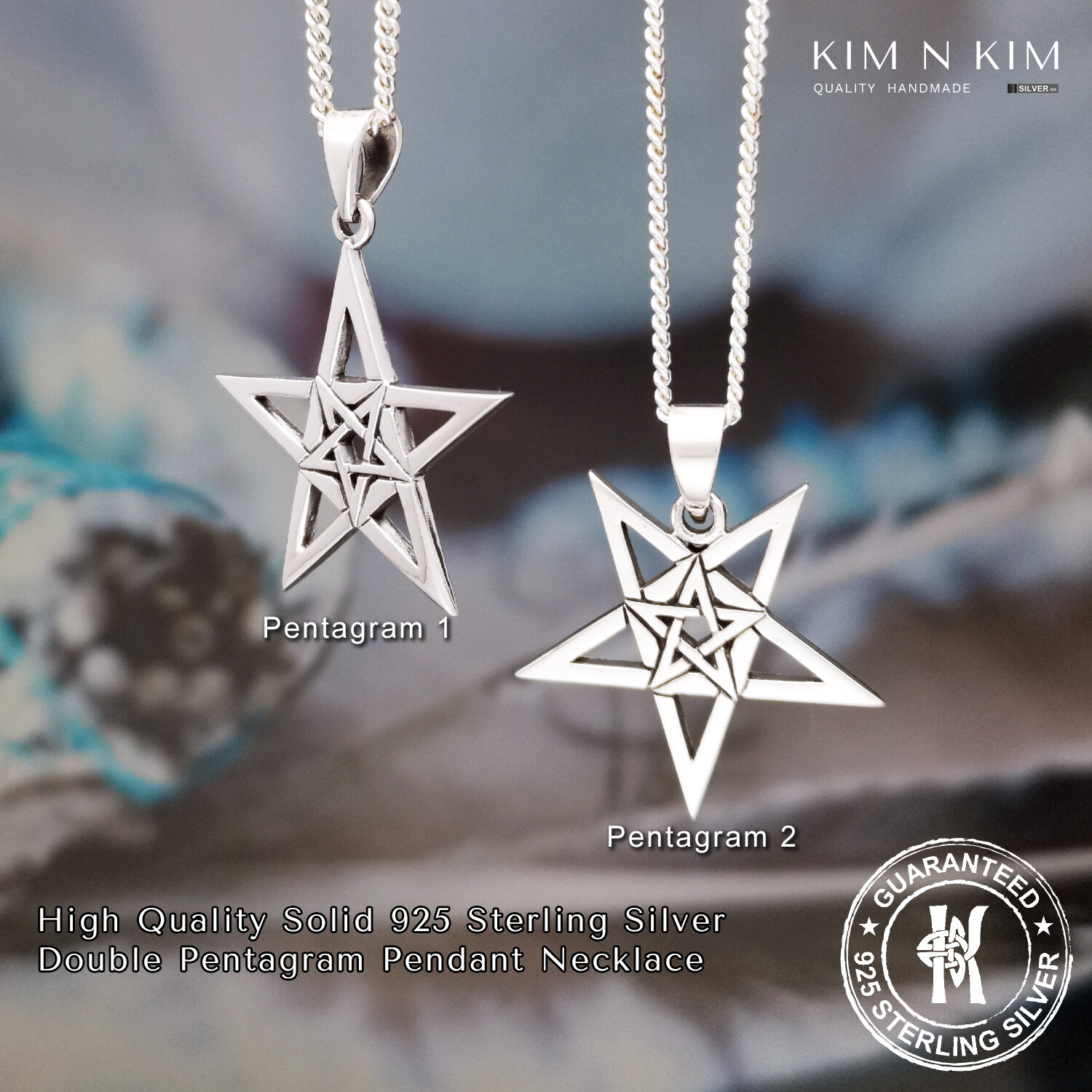 925 Silver Double Pentagram Necklace with Custom Engraving – Handmade✔Solid 925